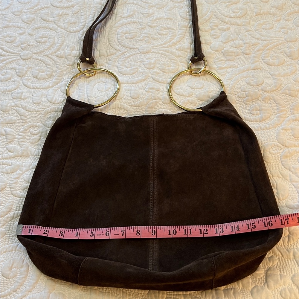 Claudia Firenze Suede Crossbody Slouchy Hobo Tote Bag Chocolate Brown Gold Ring - Picture 13 of 16